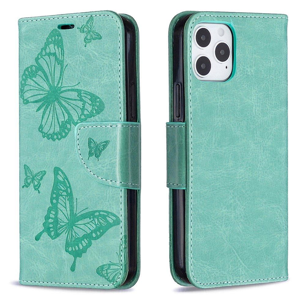 Imprint Butterfly with Wallet Leather Stand Case for iPhone 12 Pro/12 - Green-4