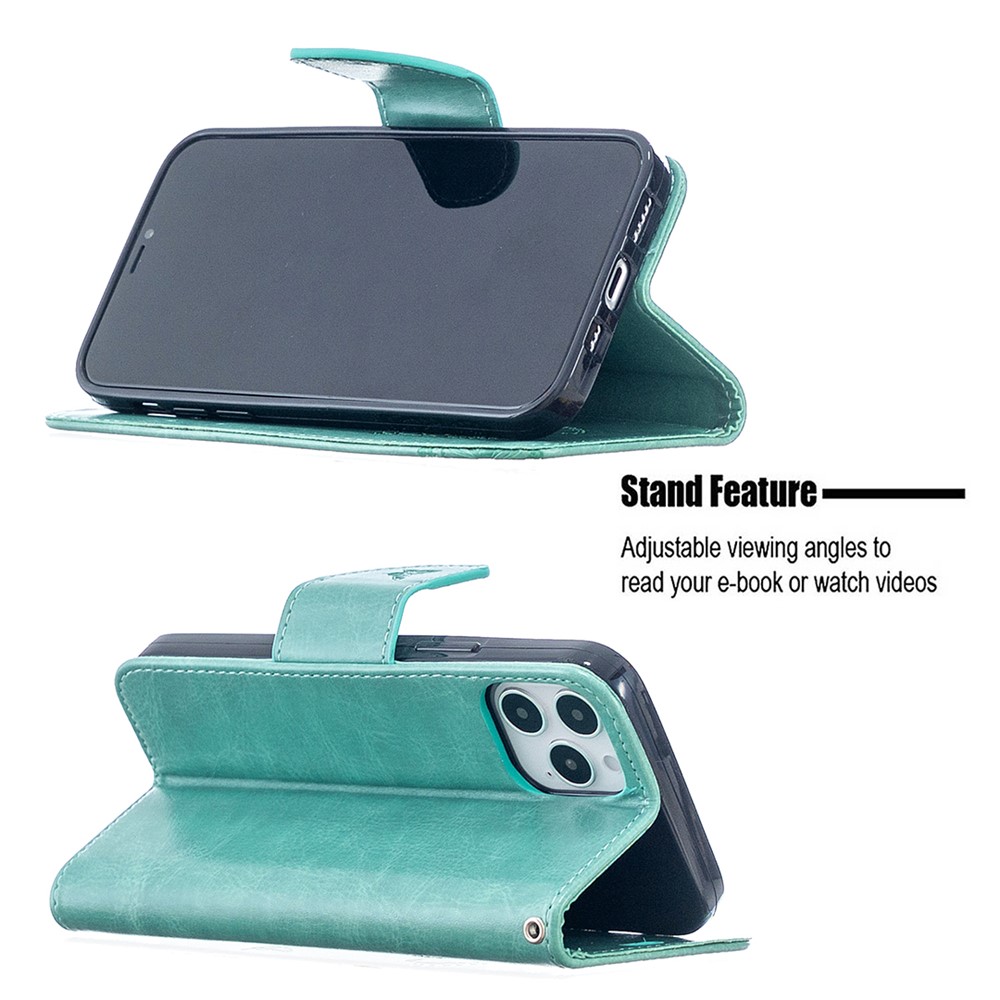 Imprint Butterfly with Wallet Leather Stand Case for iPhone 12 Pro/12 - Green-5