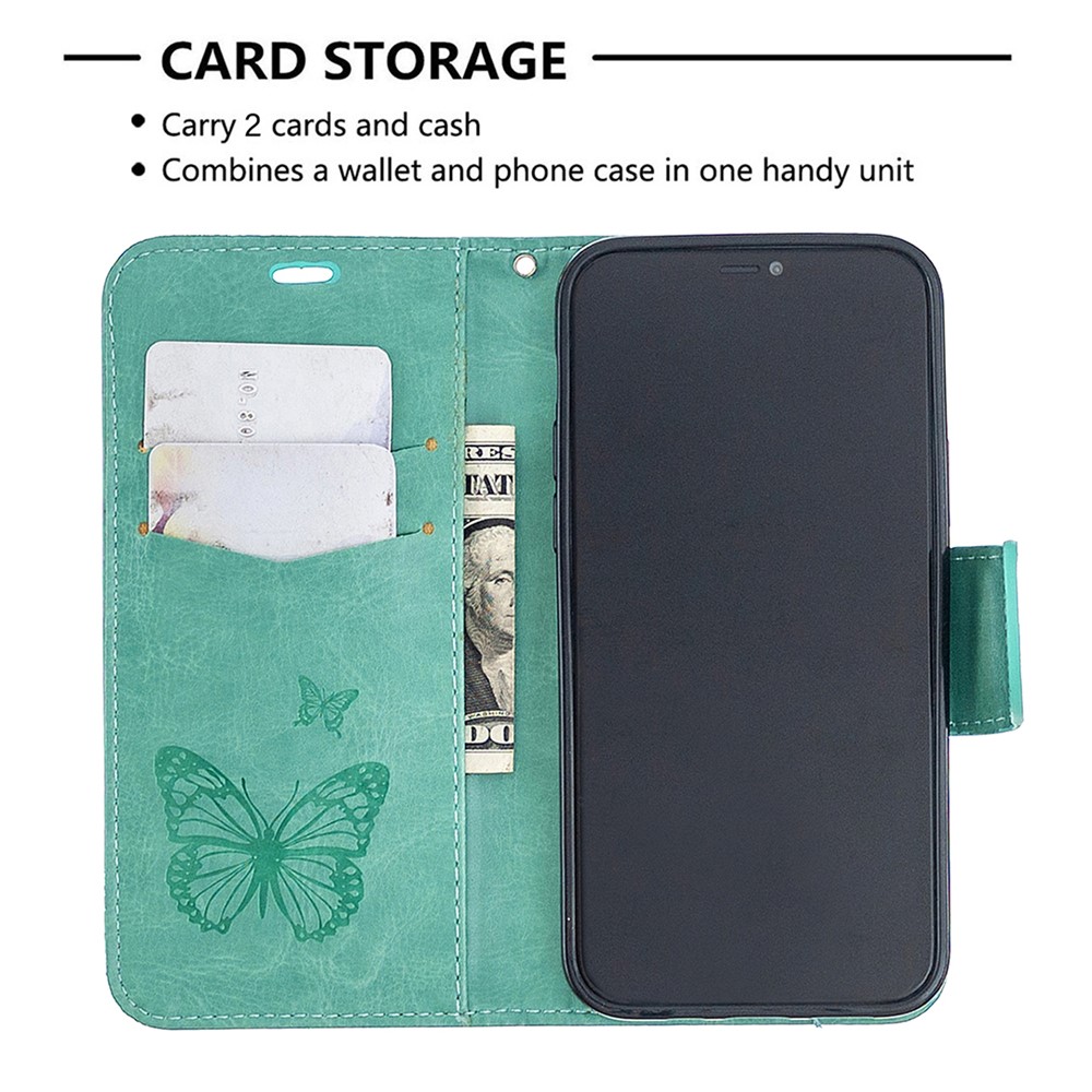Imprint Butterfly with Wallet Leather Stand Case for iPhone 12 Pro/12 - Green-6