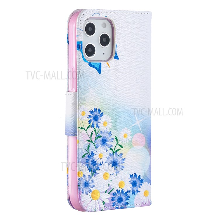 Hot Style Pattern Printing Leather Wallet Case for iPhone 12 Pro Max 6.7 inch - Blue Butterfly and Flowers-4