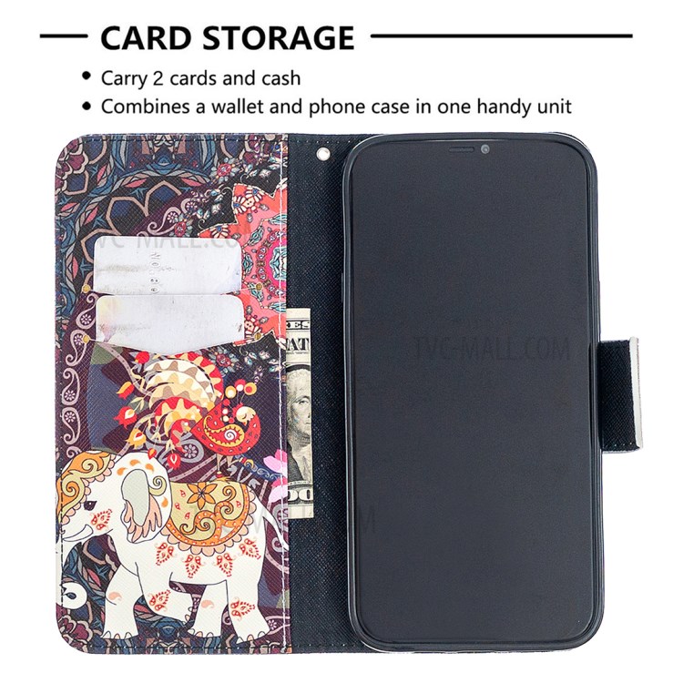 Pattern Printing Case Wallet Stand Leather Cover Protector for iPhone 12 Pro Max 6.7 inch - Elephant-7