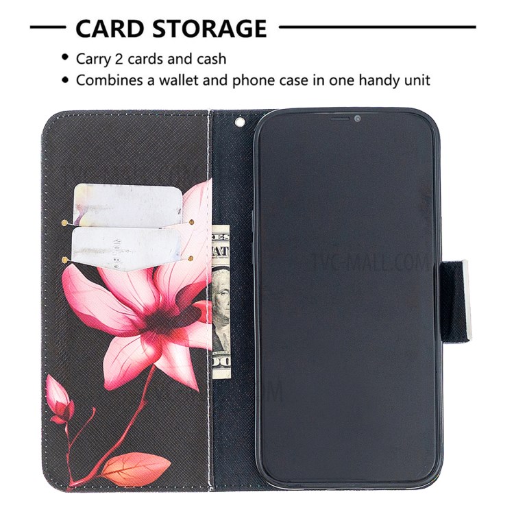 Pattern Printing Case Wallet Stand Leather Cover Protector for iPhone 12 Pro Max 6.7 inch - Red Flowers-5