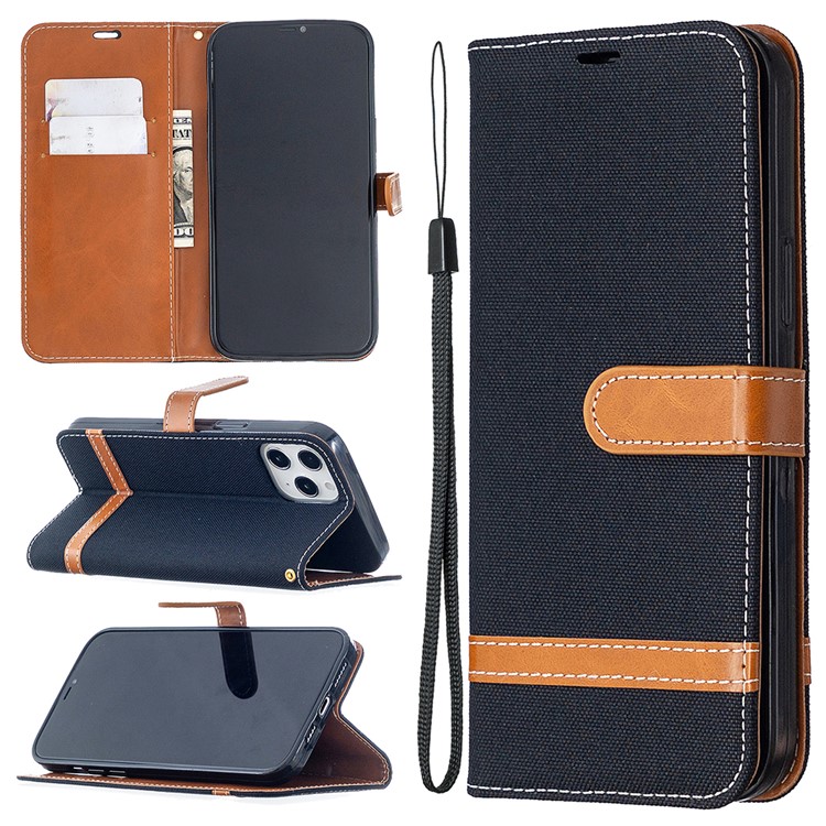 Solid Color Jeans Cloth Texture Leather with Wallet Case for iPhone 12 Pro Max 6.7 inch - Black-1