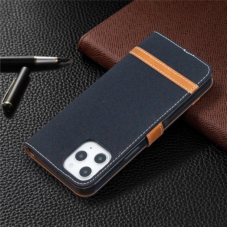 Solid Color Jeans Cloth Texture Leather with Wallet Case for iPhone 12 Pro Max 6.7 inch - Black-7