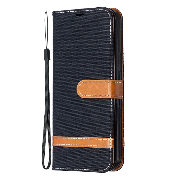 Solid Color Jeans Cloth Texture Leather with Wallet Case for iPhone 12 Pro Max 6.7 inch - Black-8