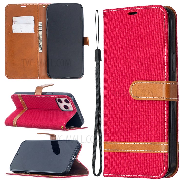Solid Color Jeans Cloth Texture Leather with Wallet Case for iPhone 12 Pro Max 6.7 inch - Red-1