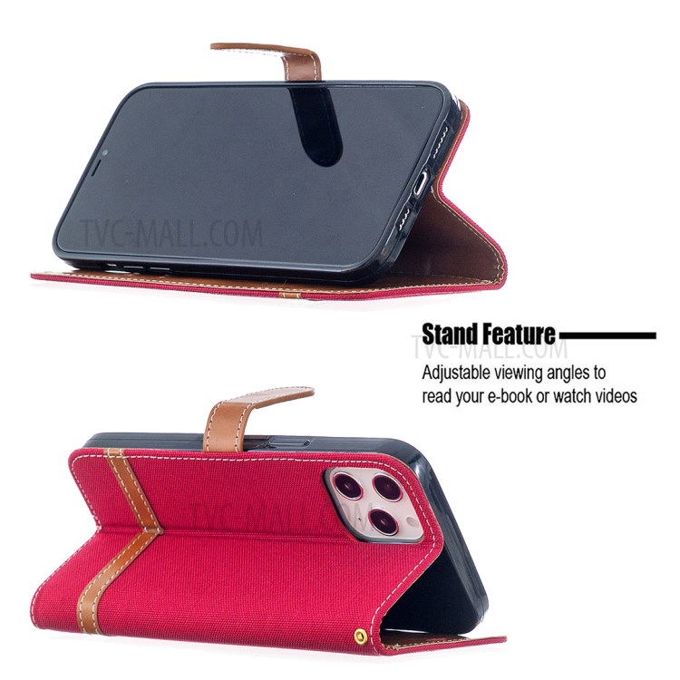 Solid Color Jeans Cloth Texture Leather with Wallet Case for iPhone 12 Pro Max 6.7 inch - Red-2