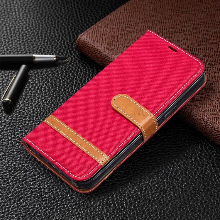 Solid Color Jeans Cloth Texture Leather with Wallet Case for iPhone 12 Pro Max 6.7 inch - Red-3