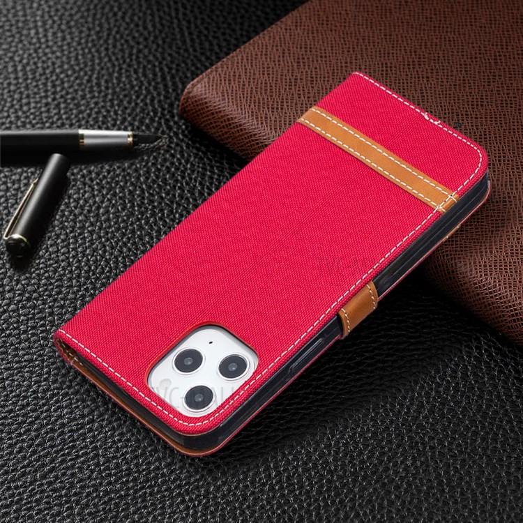 Solid Color Jeans Cloth Texture Leather with Wallet Case for iPhone 12 Pro Max 6.7 inch - Red-4