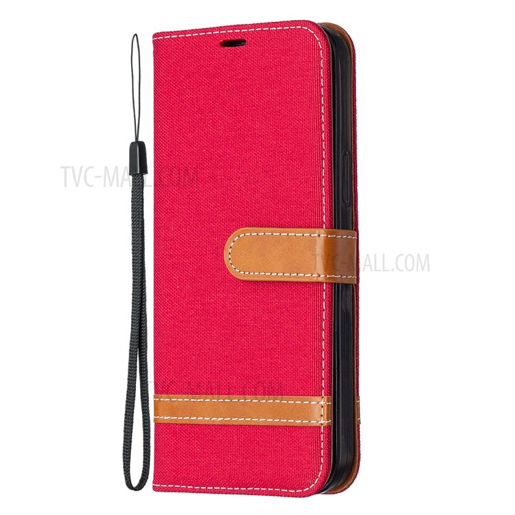 Solid Color Jeans Cloth Texture Leather with Wallet Case for iPhone 12 Pro Max 6.7 inch - Red-5