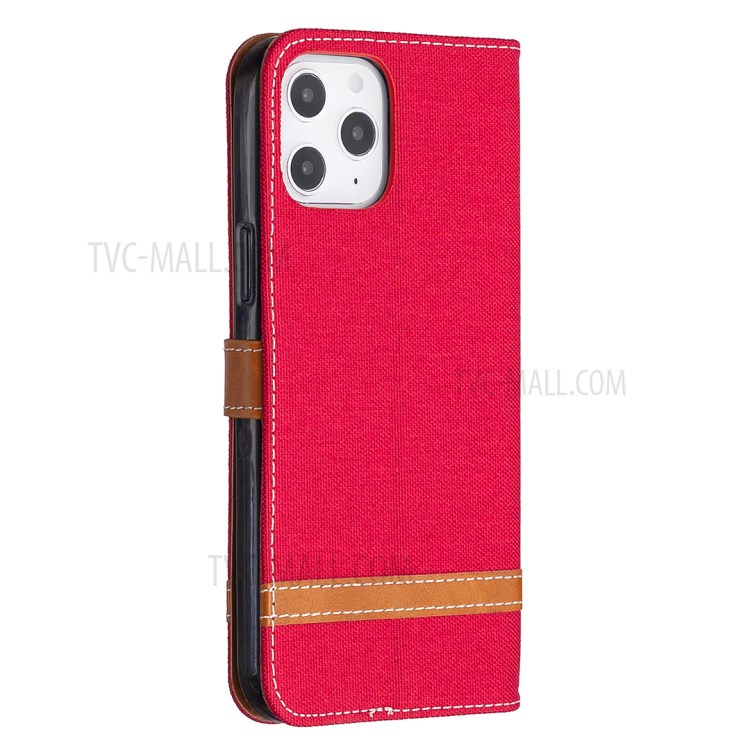 Solid Color Jeans Cloth Texture Leather with Wallet Case for iPhone 12 Pro Max 6.7 inch - Red-6