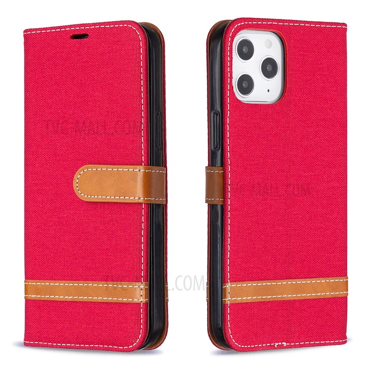 Solid Color Jeans Cloth Texture Leather with Wallet Case for iPhone 12 Pro Max 6.7 inch - Red-7