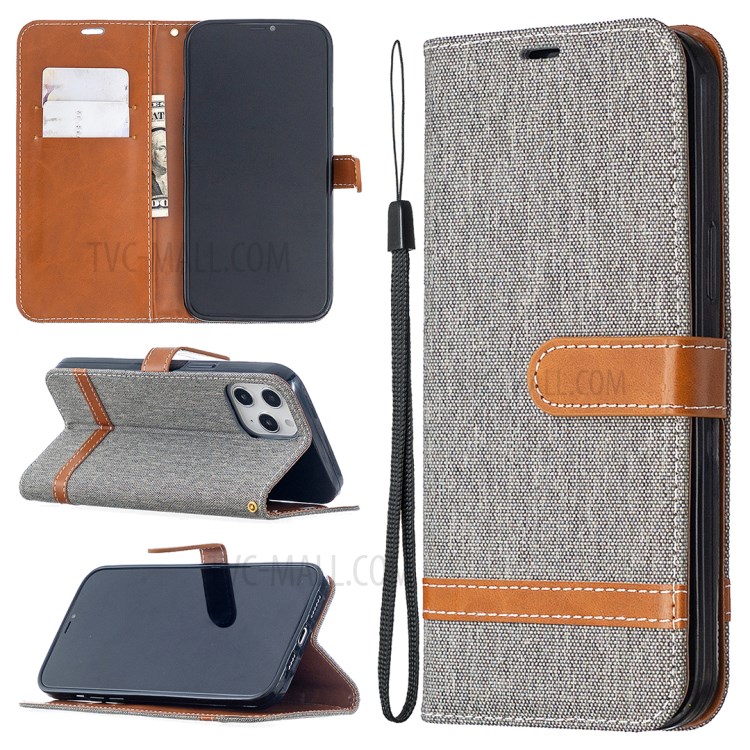 Solid Color Jeans Cloth Texture Leather with Wallet Case for iPhone 12 Pro Max 6.7 inch - Grey-1