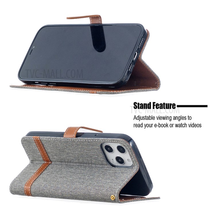 Solid Color Jeans Cloth Texture Leather with Wallet Case for iPhone 12 Pro Max 6.7 inch - Grey-2