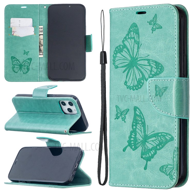 Imprint Butterfly Shell Wallet Leather Stand Case for iPhone 12 Pro Max 6.7 inch - Green-1