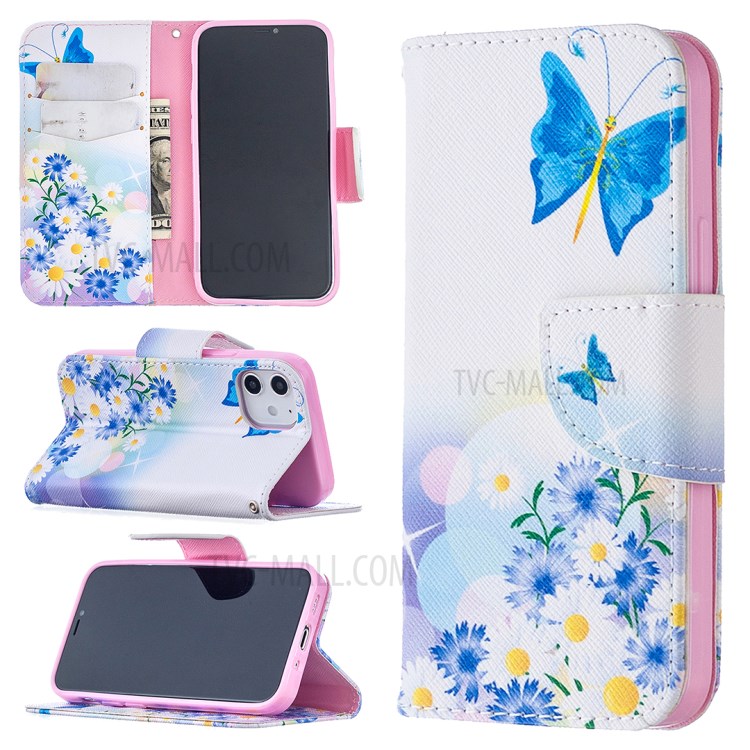 Hot Style Pattern Printing Cover Leather Wallet Case for iPhone 12 mini - Blue Butterfly and Flowers-1