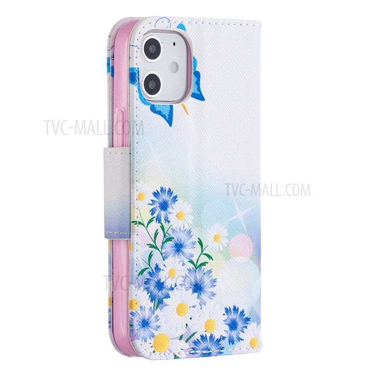 Hot Style Pattern Printing Cover Leather Wallet Case for iPhone 12 mini - Blue Butterfly and Flowers-4