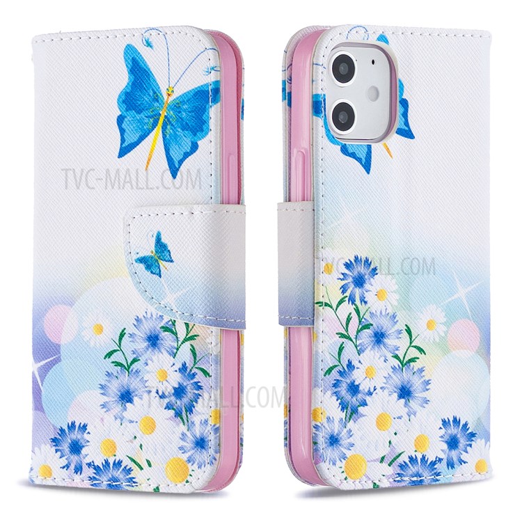 Hot Style Pattern Printing Cover Leather Wallet Case for iPhone 12 mini - Blue Butterfly and Flowers-5