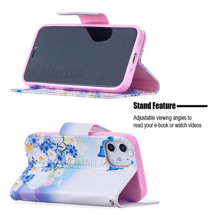 Hot Style Pattern Printing Cover Leather Wallet Case for iPhone 12 mini - Blue Butterfly and Flowers-6