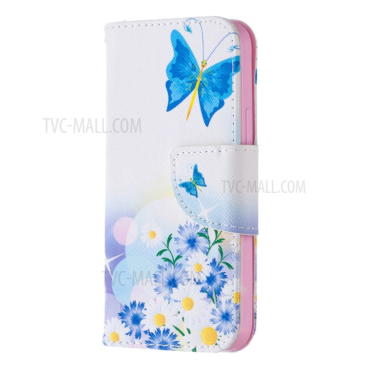 Hot Style Pattern Printing Cover Leather Wallet Case for iPhone 12 mini - Blue Butterfly and Flowers-3