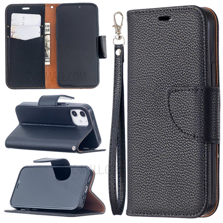 Litchi Surface with Wallet Leather Stand Case for iPhone 12 5.4-inch - Black-1