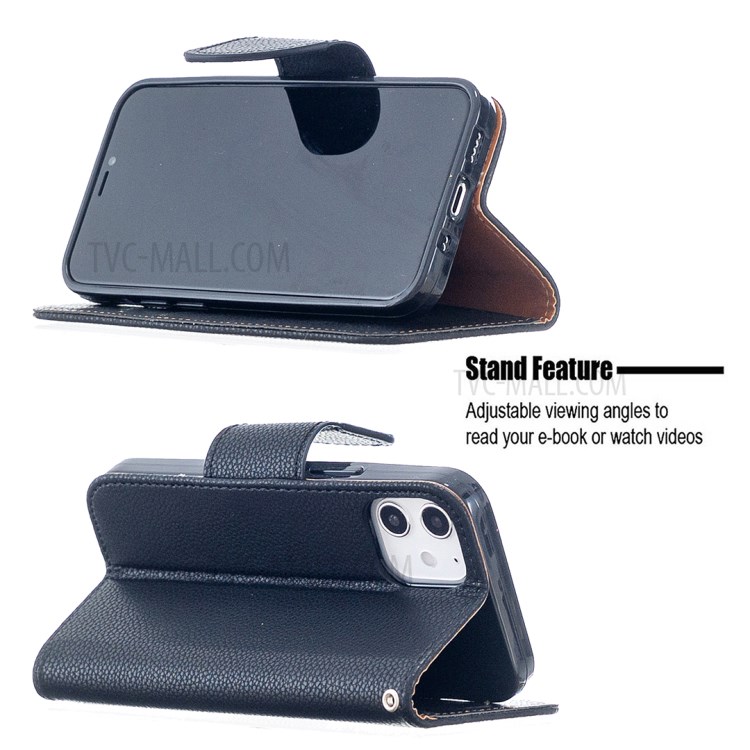 Litchi Surface with Wallet Leather Stand Case for iPhone 12 5.4-inch - Black-5