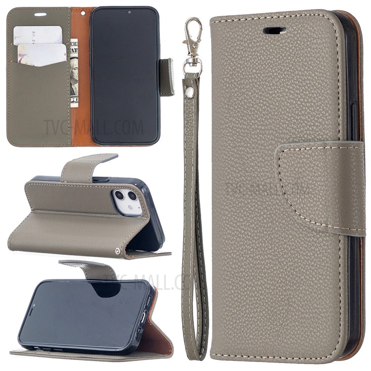 Litchi Surface with Wallet Leather Stand Case for iPhone 12 mini - Grey-1