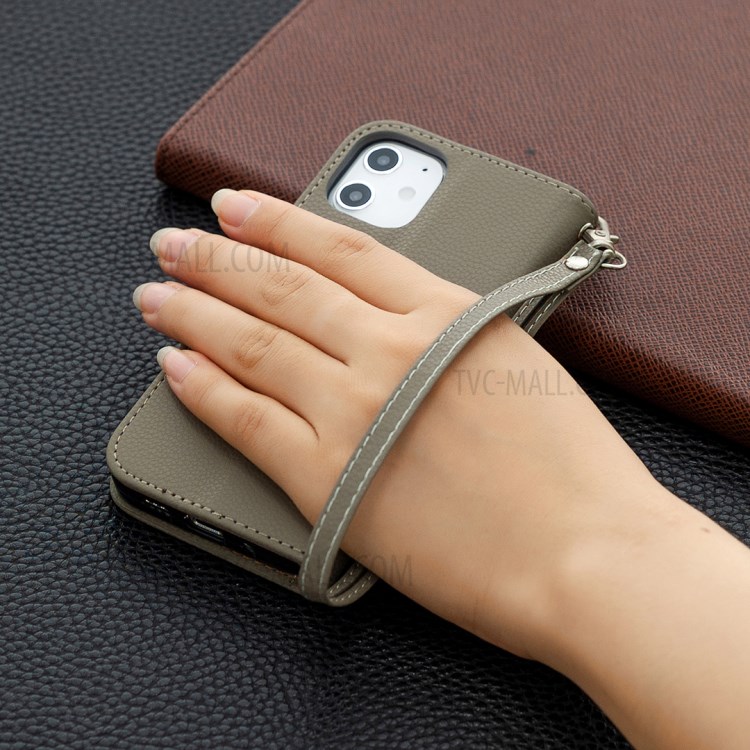 Litchi Surface with Wallet Leather Stand Case for iPhone 12 mini - Grey-2
