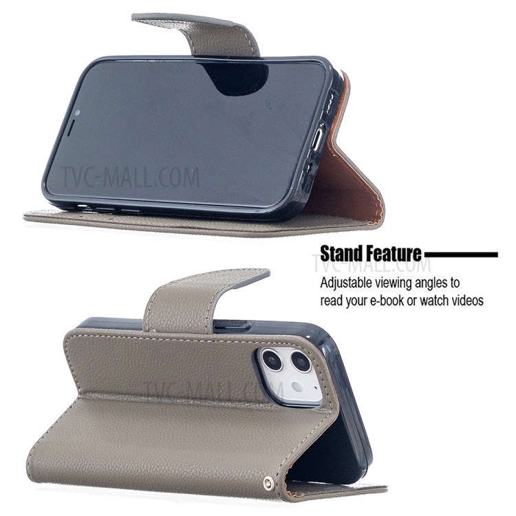 Litchi Surface with Wallet Leather Stand Case for iPhone 12 mini - Grey-6