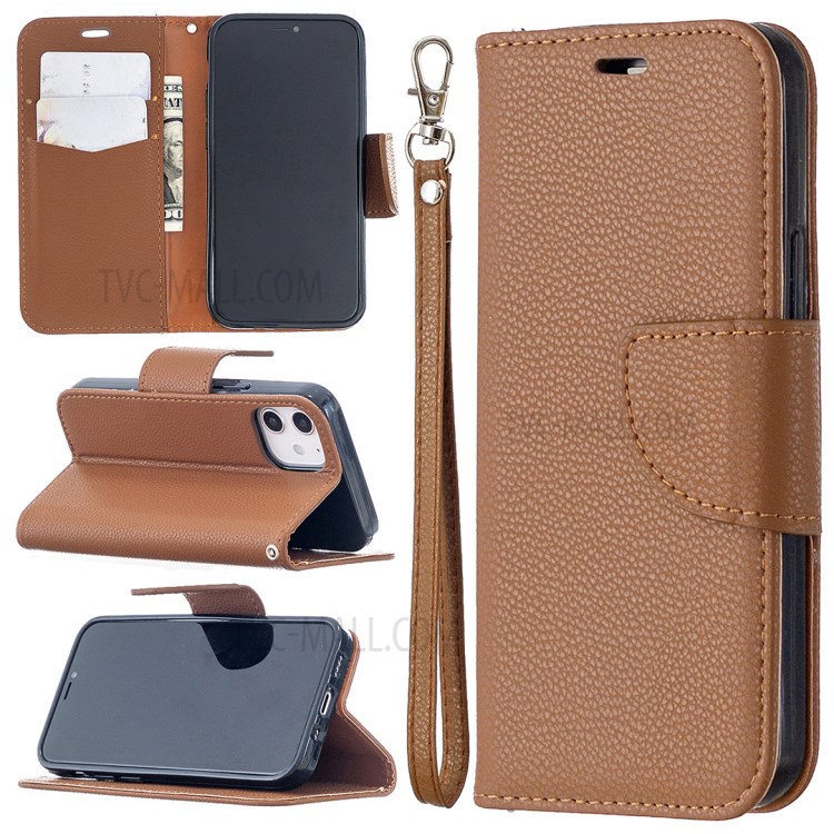 Litchi Surface with Wallet Leather Stand Case for iPhone 12 mini - Brown-1