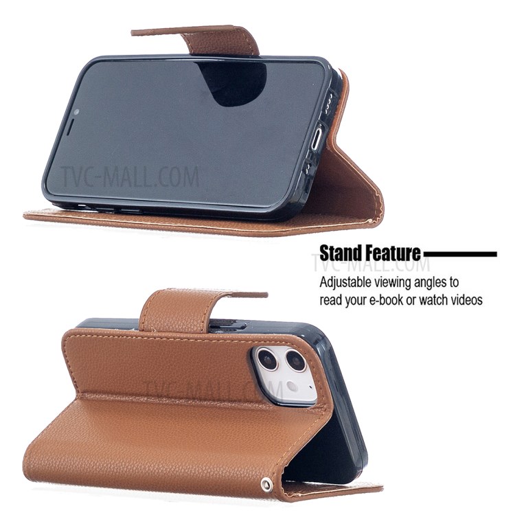 Litchi Surface with Wallet Leather Stand Case for iPhone 12 mini - Brown-2
