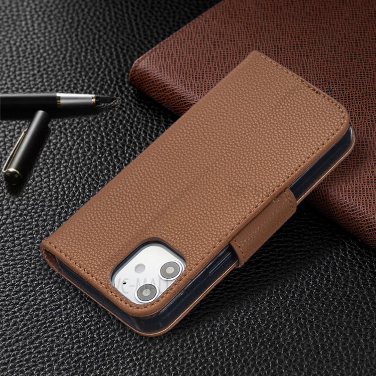 Litchi Surface with Wallet Leather Stand Case for iPhone 12 mini - Brown-5