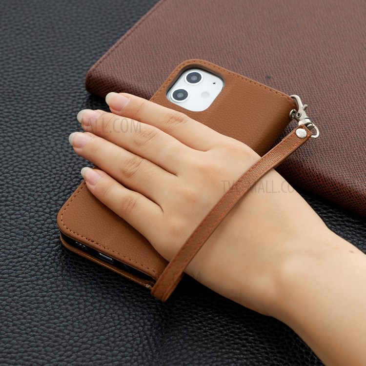 Litchi Surface with Wallet Leather Stand Case for iPhone 12 mini - Brown-6