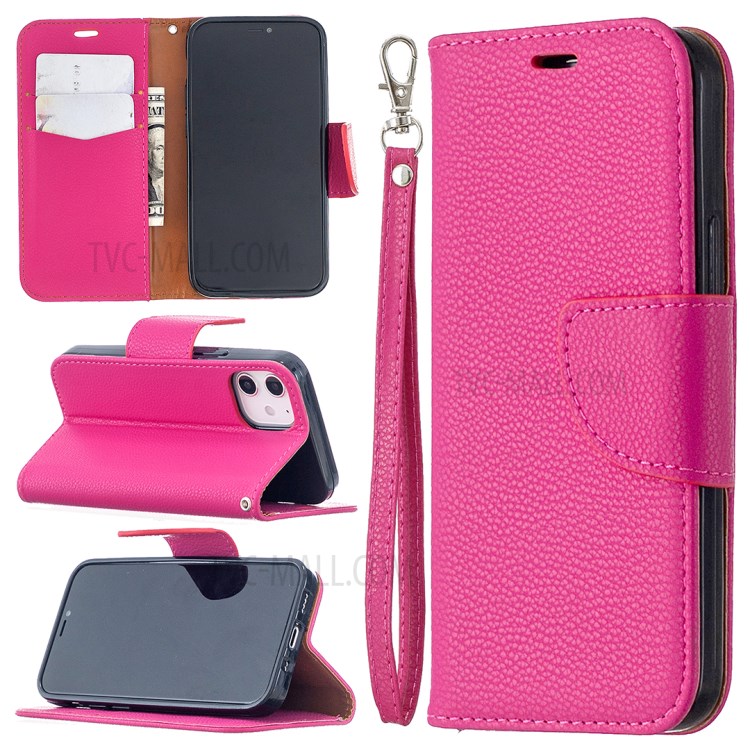 Litchi Surface with Wallet Leather Stand Case for iPhone 12 mini - Rose-1