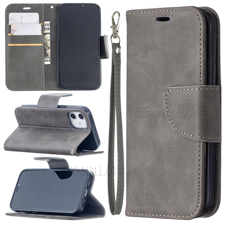 Solid Color PU Leather Wallet Stand Phone Case for iPhone 12 mini - Grey-1