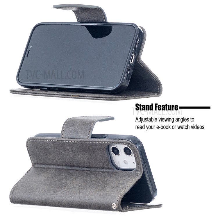 Solid Color PU Leather Wallet Stand Phone Case for iPhone 12 mini - Grey-2