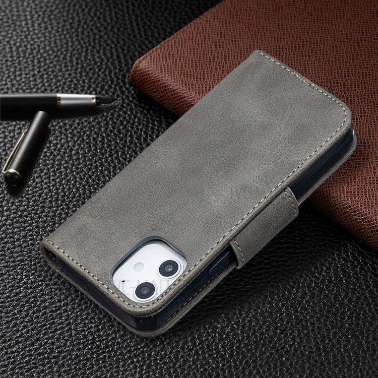 Solid Color PU Leather Wallet Stand Phone Case for iPhone 12 mini - Grey-5
