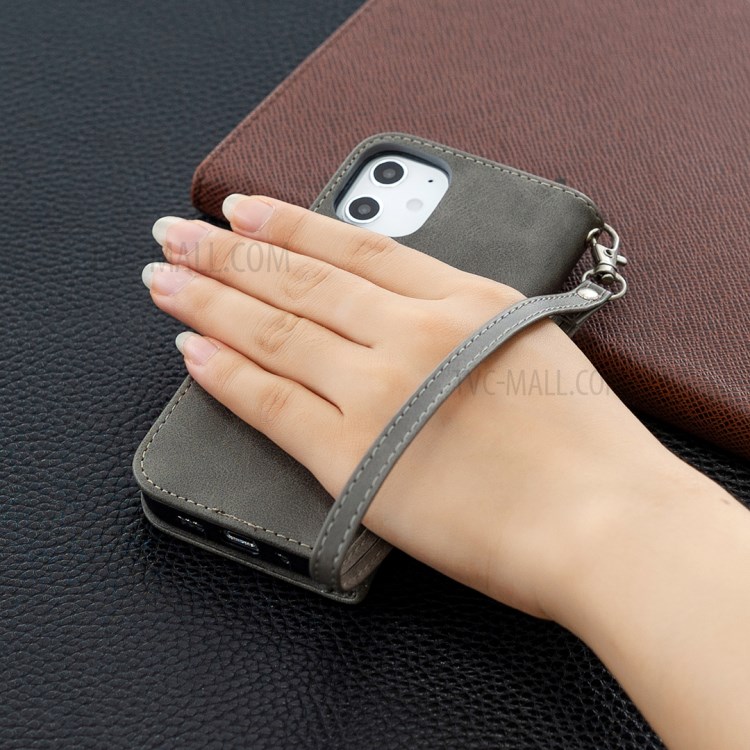 Solid Color PU Leather Wallet Stand Phone Case for iPhone 12 mini - Grey-6