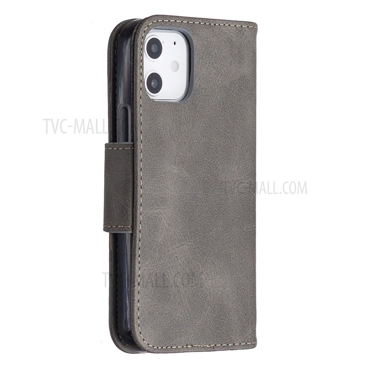 Solid Color PU Leather Wallet Stand Phone Case for iPhone 12 mini - Grey-7