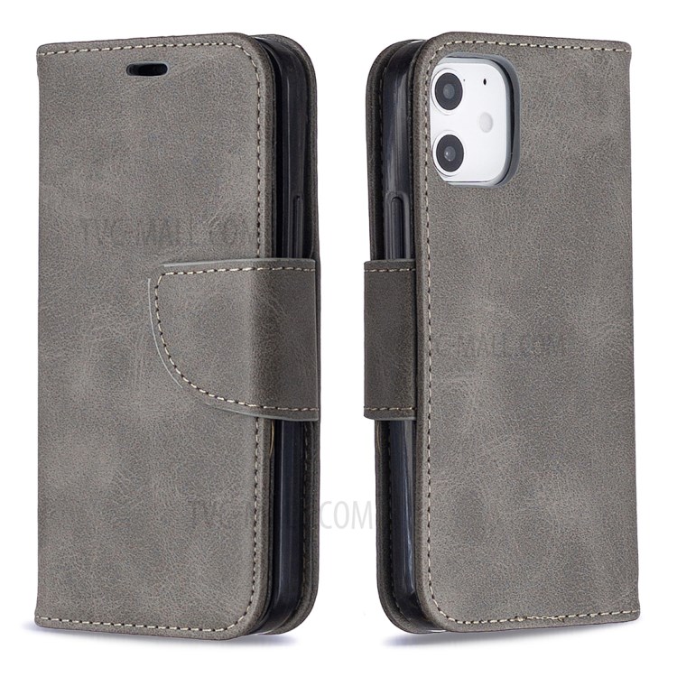 Solid Color PU Leather Wallet Stand Phone Case for iPhone 12 mini - Grey-9