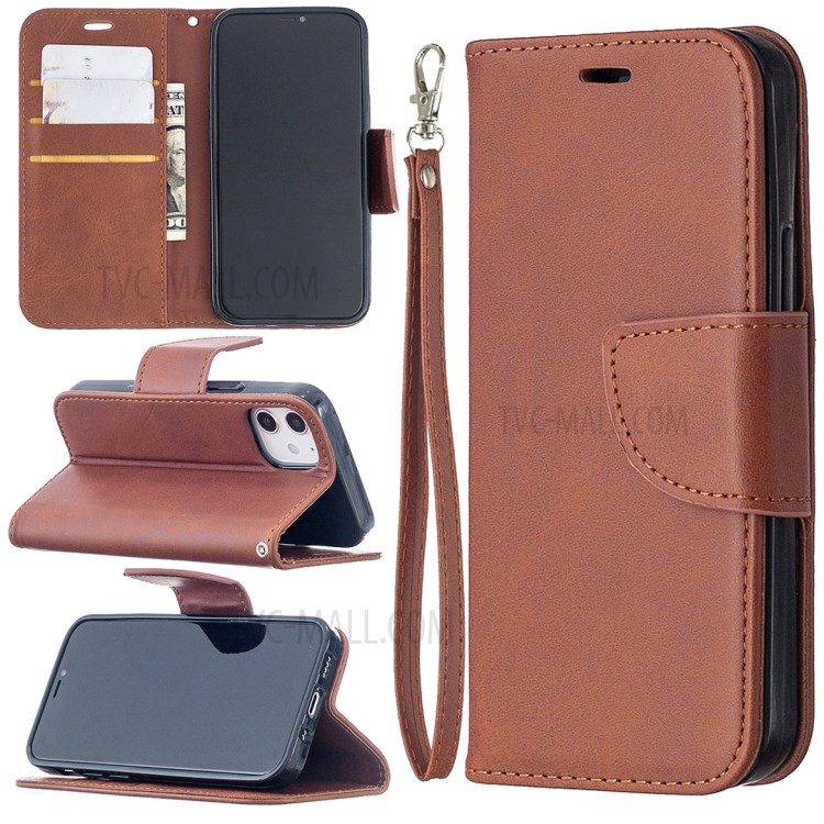 Solid Color PU Leather Wallet Stand Phone Case for iPhone 12 mini - Coffee-1