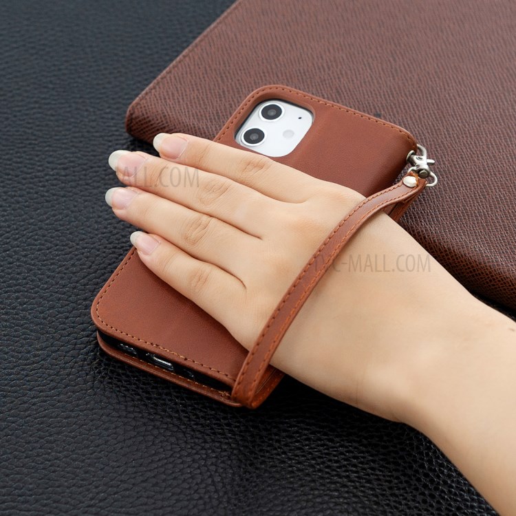 Solid Color PU Leather Wallet Stand Phone Case for iPhone 12 mini - Coffee-2