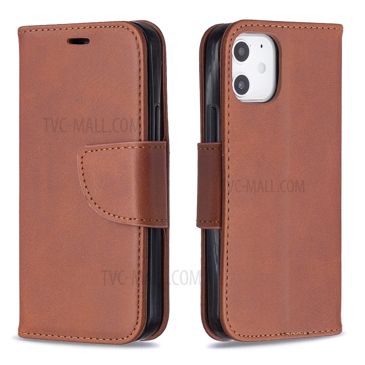 Solid Color PU Leather Wallet Stand Phone Case for iPhone 12 mini - Coffee-5