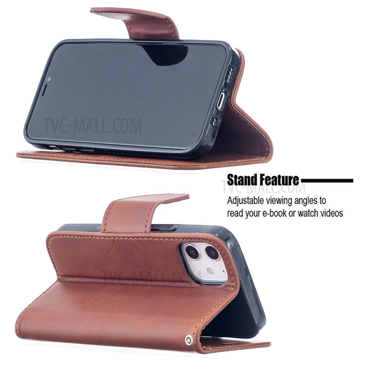 Solid Color PU Leather Wallet Stand Phone Case for iPhone 12 mini - Coffee-6