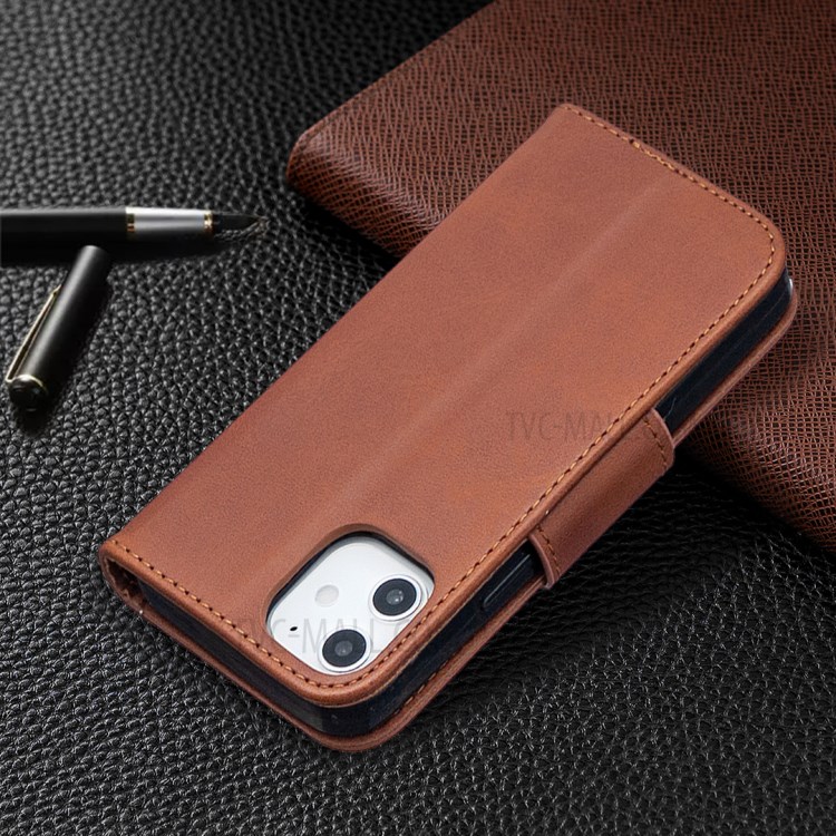 Solid Color PU Leather Wallet Stand Phone Case for iPhone 12 mini - Coffee-9