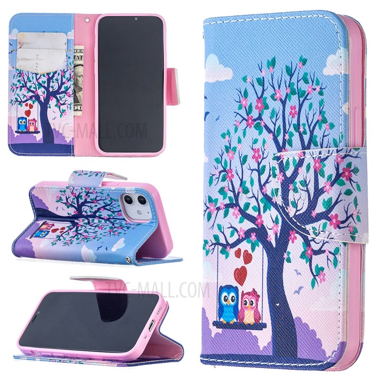 Pattern Printing Case Wallet Stand Leather Shell Protector for iPhone 12 5.4 inch - Owl and Tree-1