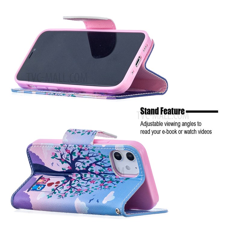 Pattern Printing Case Wallet Stand Leather Shell Protector for iPhone 12 5.4 inch - Owl and Tree-2