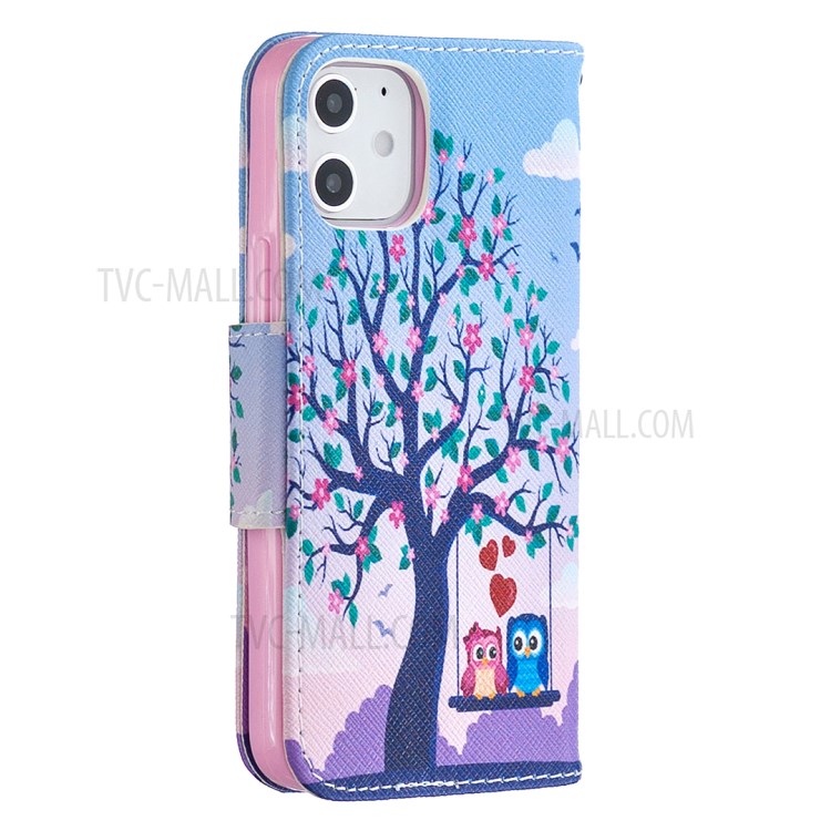 Pattern Printing Case Wallet Stand Leather Shell Protector for iPhone 12 5.4 inch - Owl and Tree-7