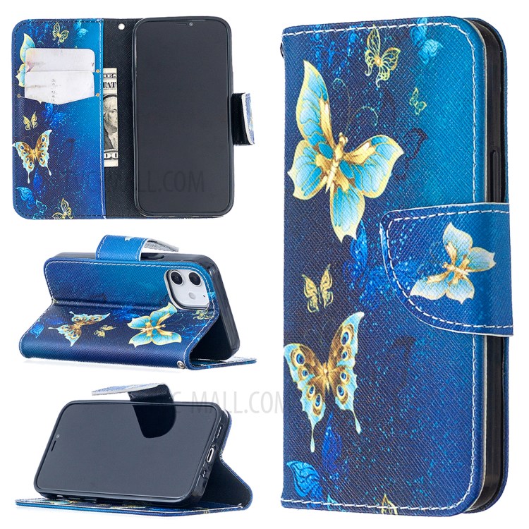 Pattern Printing Case Wallet Stand Leather Shell Protector for iPhone 12 mini - Blue and Gold Butterfly-1