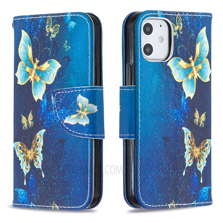 Pattern Printing Case Wallet Stand Leather Shell Protector for iPhone 12 mini - Blue and Gold Butterfly-2